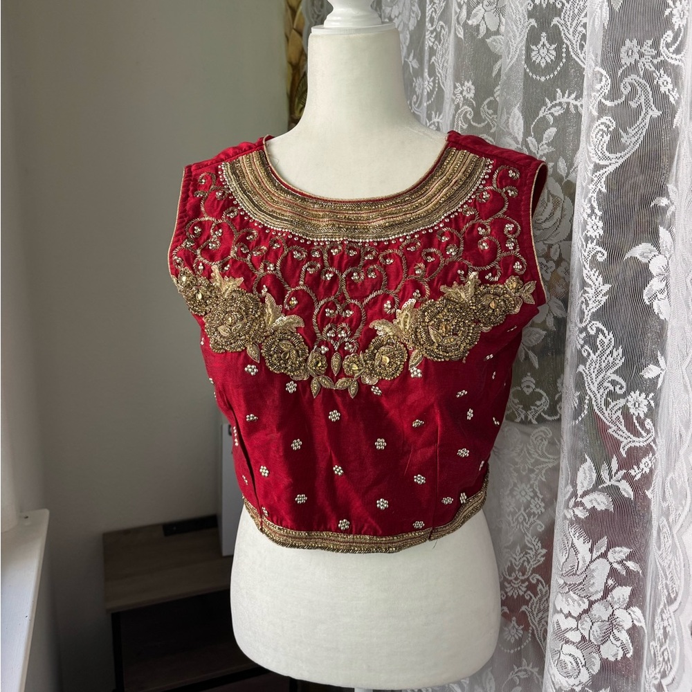 Embellished Red Women's Crop Top with Gold Beadwork